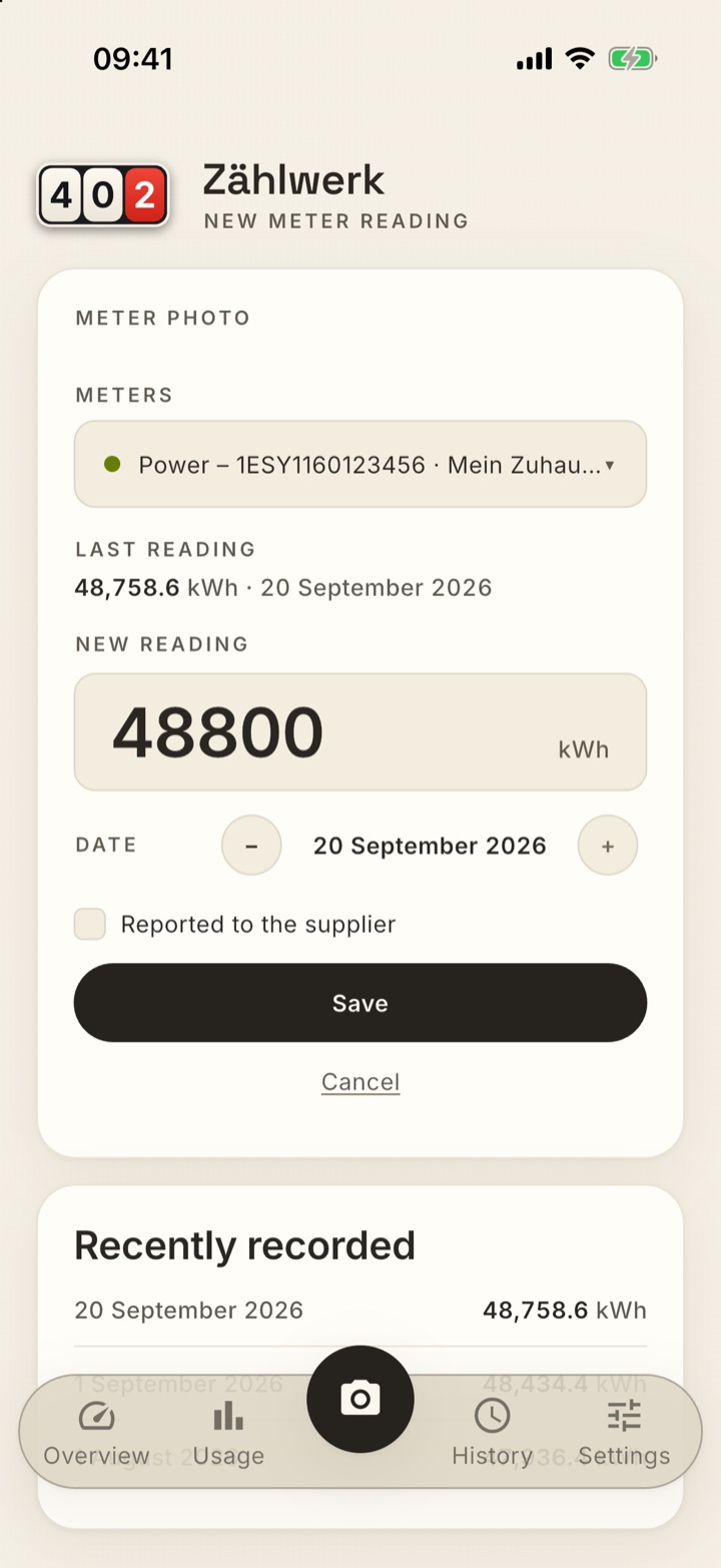 New meter reading: meter Power 1ESY1160123456 selected, last reading 48,758.6 kWh from 20 September 2026, new reading 48800 typed in, date 20 September 2026, checkbox “Reported to the supplier”, Save button.