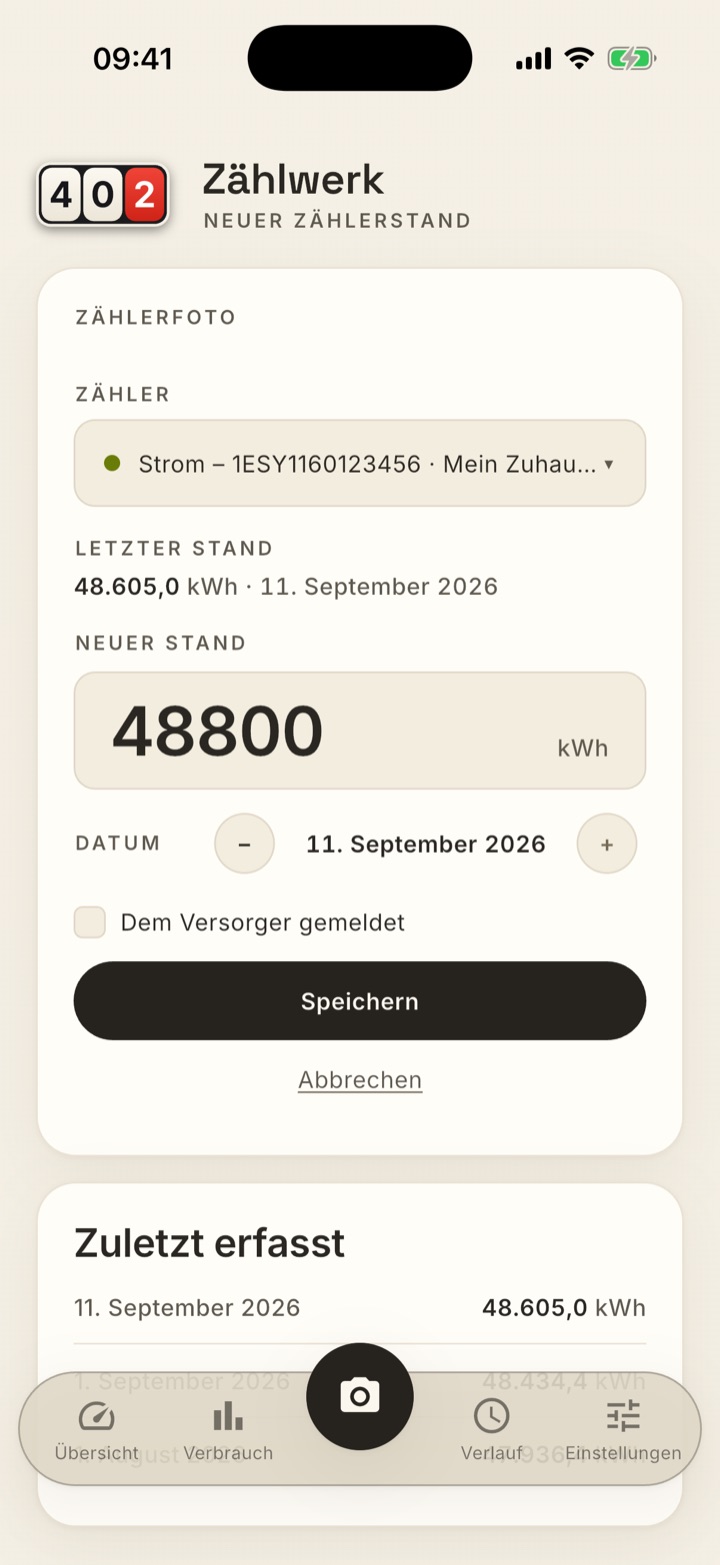 Erfassen: Zähler Strom 1ESY1160123456 gewählt, letzter Stand 48.605,0 kWh vom 11. September 2026, neuer Stand 48800 eingetippt, Datum 11. September 2026, Häkchen „Dem Versorger gemeldet“, Knopf Speichern.
