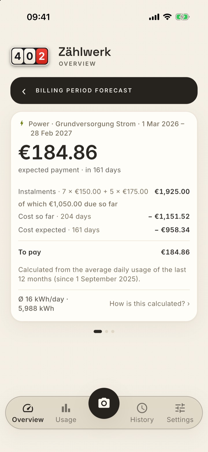 Forecast detail for Power, 1 March 2026 to 28 February 2027: 184.86 euros expected payment in 161 days. Calculation: instalments 7 times 150 plus 5 times 175 euros equals 1,925.00 euros, of which 1,050.00 euros due so far; cost so far, 204 days, minus 1,151.52 euros; cost expected, 161 days, minus 958.34 euros; to pay 184.86 euros. 16 kWh per day, 5,988 kWh per year.