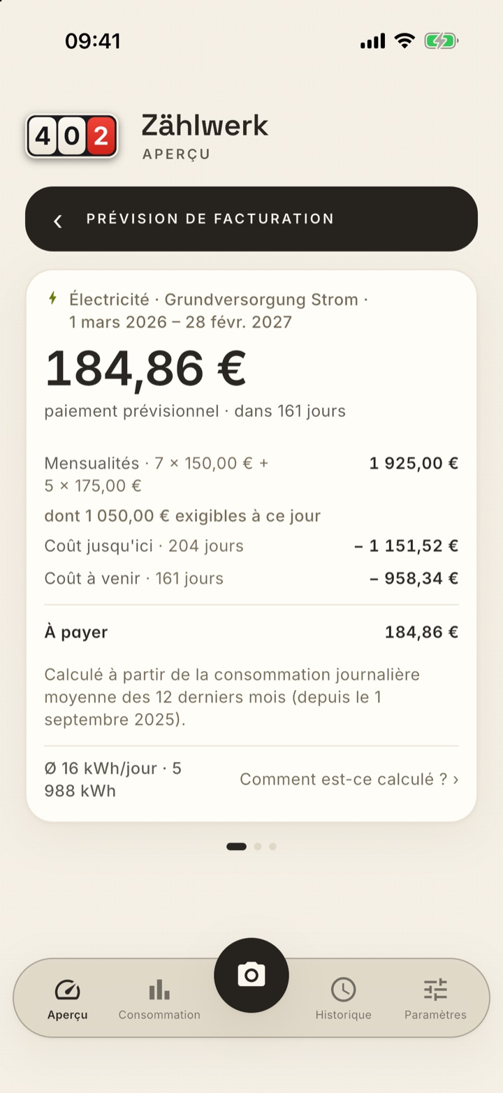 Détail de la prévision Électricité, du 1er mars 2026 au 28 février 2027 : 184,86 euros de paiement prévisionnel dans 161 jours. Calcul : mensualités 7 fois 150 plus 5 fois 175 euros, soit 1 925,00 euros, dont 1 050,00 euros exigibles à ce jour ; coût jusqu'ici, 204 jours, moins 1 151,52 euros ; coût à venir, 161 jours, moins 958,34 euros ; à payer 184,86 euros. 16 kWh par jour, 5 988 kWh par an.