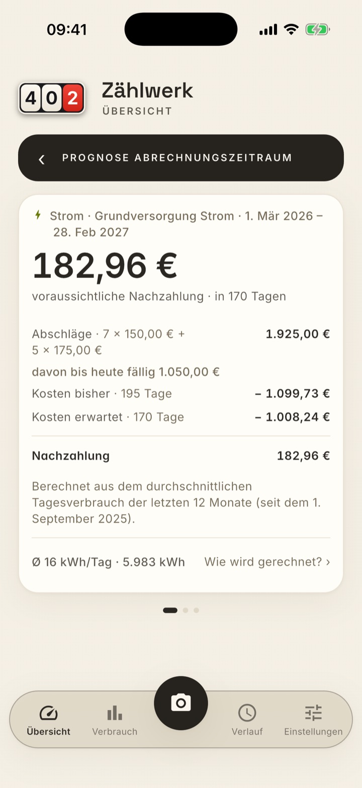 Prognose-Detail Strom, Grundversorgung, 1. März 2026 bis 28. Februar 2027: 182,96 Euro voraussichtliche Nachzahlung in 170 Tagen. Rechnung: Abschläge 7 mal 150 plus 5 mal 175 Euro gleich 1.925,00 Euro, davon bis heute fällig 1.050,00 Euro; Kosten bisher 195 Tage minus 1.099,73 Euro; Kosten erwartet 170 Tage minus 1.008,24 Euro; Nachzahlung 182,96 Euro. 16 kWh pro Tag, 5.983 kWh im Jahr.