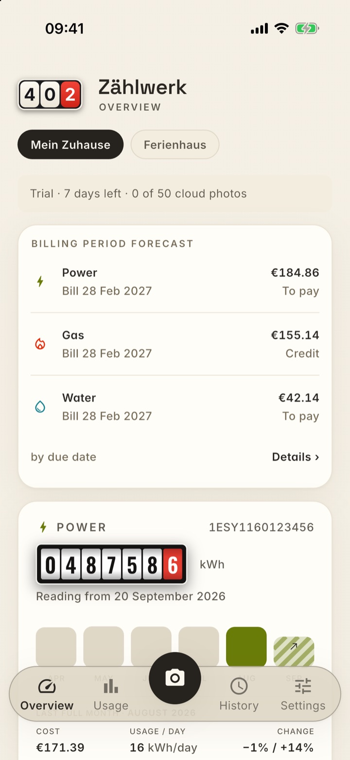 Overview: billing period forecast card — Power 184.86 euros to pay, Gas 155.14 euros credit, Water 42.14 euros to pay, all billed on 28 February 2027. Below it the Power card with the drum counter at 048758.6 kWh, reading from 20 September 2026, monthly bars April to September.