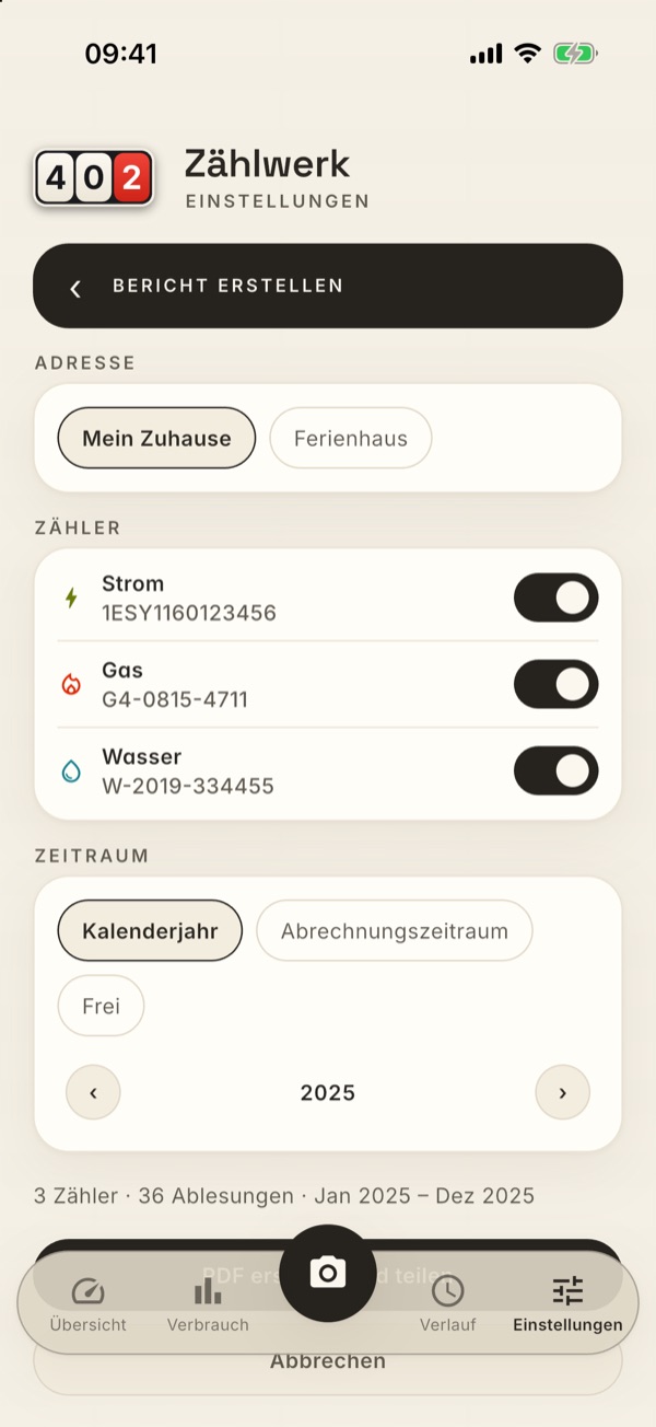 Die Seite Bericht erstellen mit Adresse, Zählern und Zeitraum