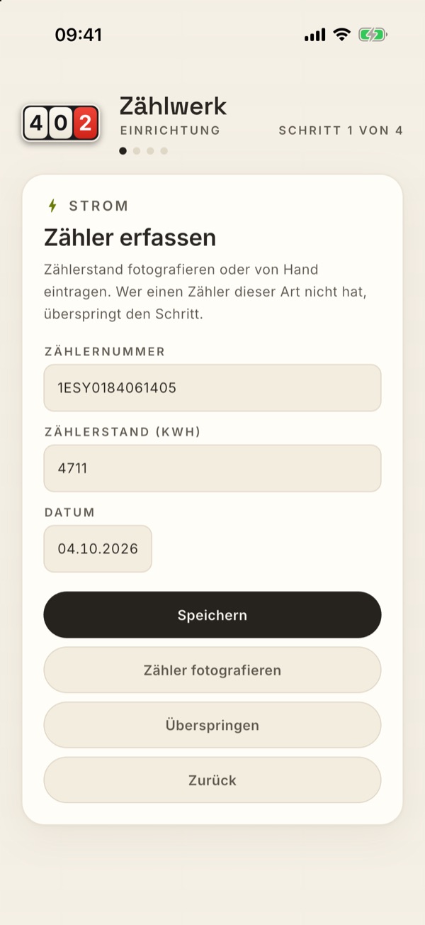 Das Formular mit Zählernummer, Zählerstand und Datum