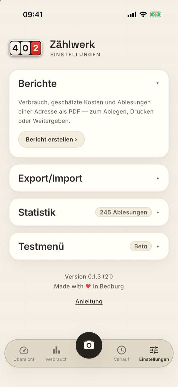Die Karte Berichte in den Einstellungen