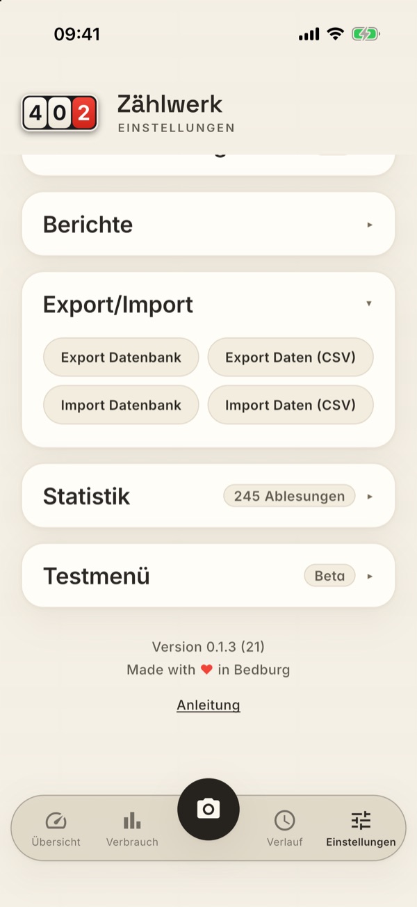 Die Karte Export/Import mit vier Knöpfen