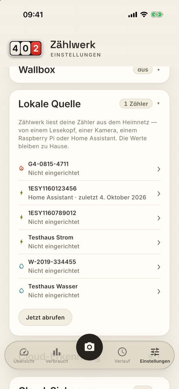 Die Karte Lokale Quelle mit einer Zeile je Zähler