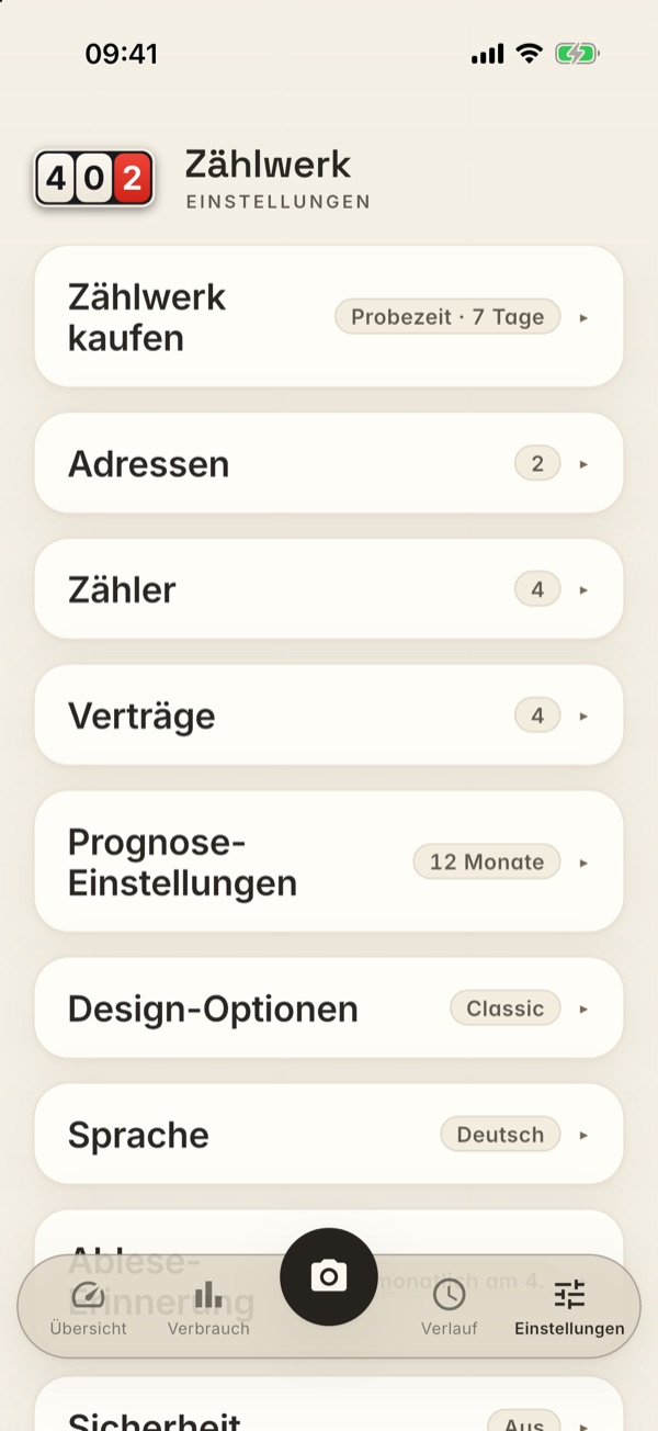 Die Einstellungen als Liste zugeklappter Karten