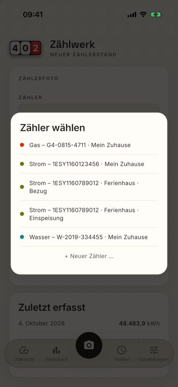 Ein Zweirichtungszähler steht zweimal im Zähler-Wähler: Bezug und Einspeisung