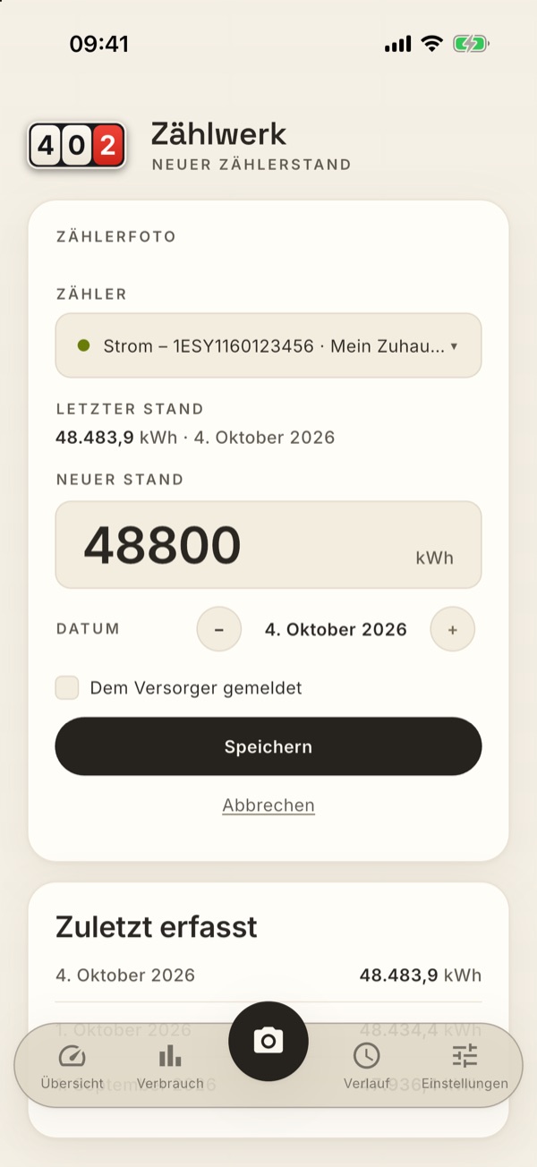 Das ausgefüllte Formular mit Zähler, letztem Stand, neuem Stand und Datum