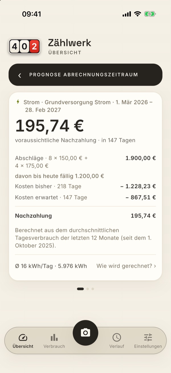 Die Prognose-Detailseite mit der Rechnung