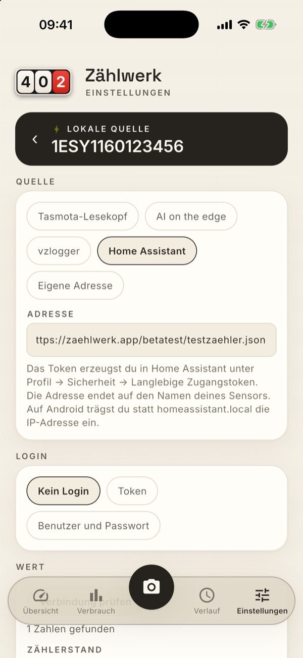Die Seite zum Einrichten einer Quelle