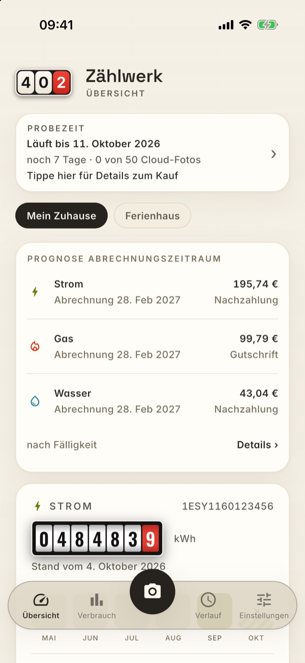 Die Übersicht mit den Zähler-Karten und dem Dock