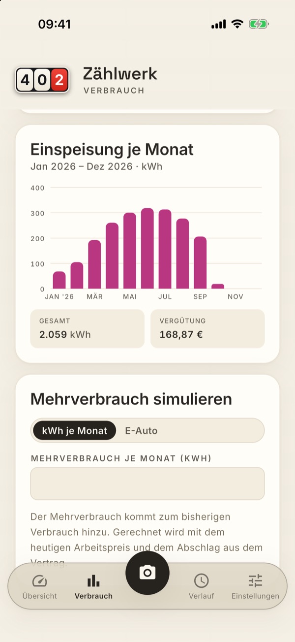 Die Karte „Einspeisung je Monat" im Verbrauch