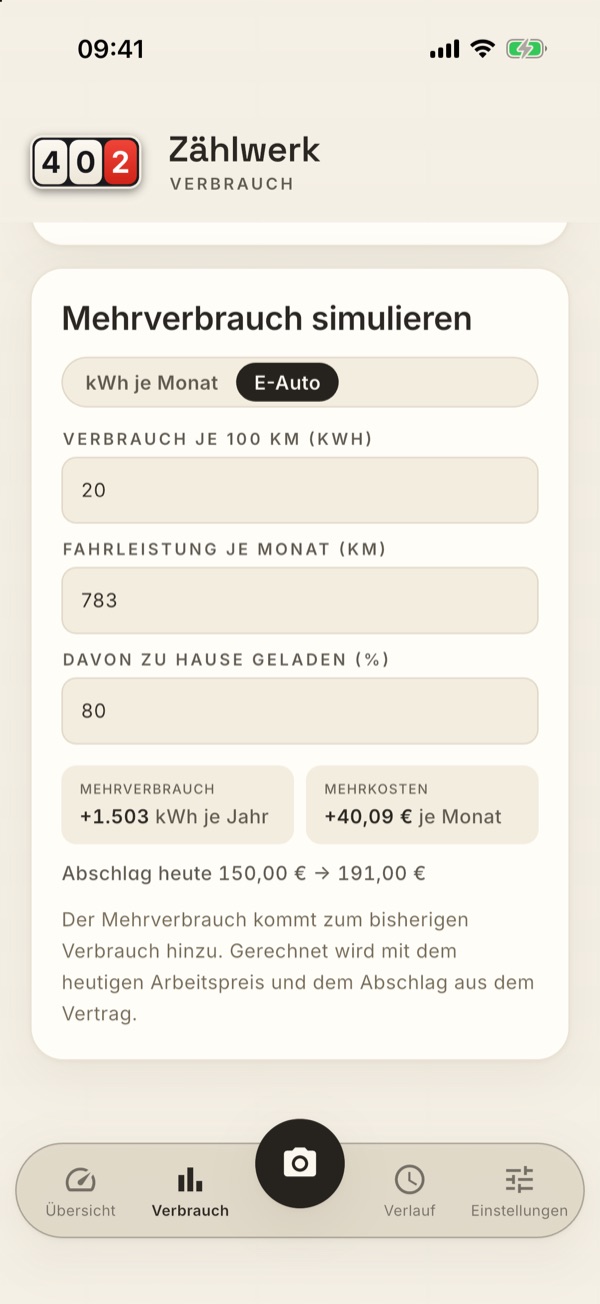 Der Simulator am Ende der Verbrauchsseite