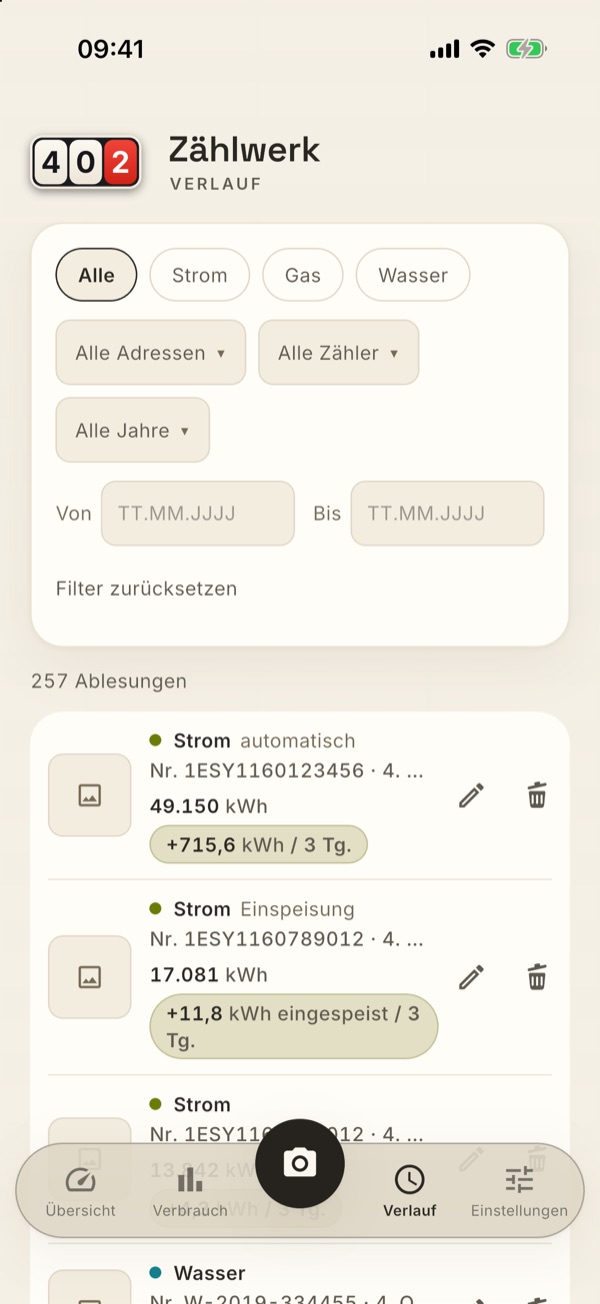 Im Verlauf trägt eine geholte Ablesung das Wort „automatisch"
