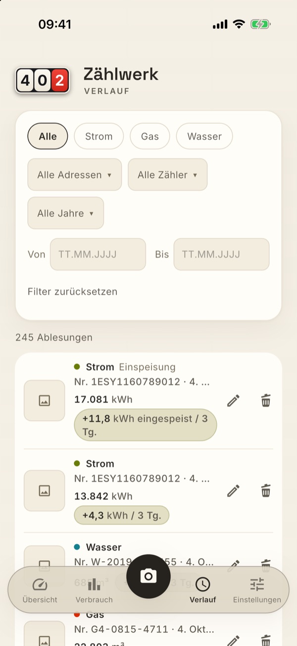 Der Verlauf mit Filtern und je Zeile Bearbeiten und Löschen
