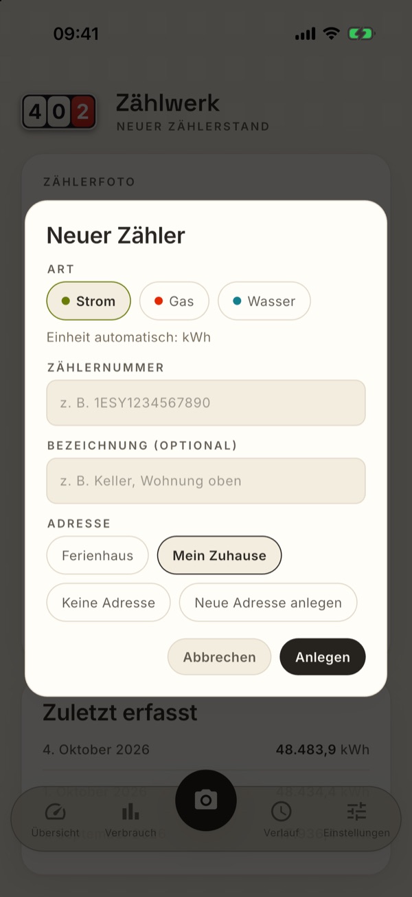 Neuen Zähler anlegen: Art, Nummer, Bezeichnung, Adresse