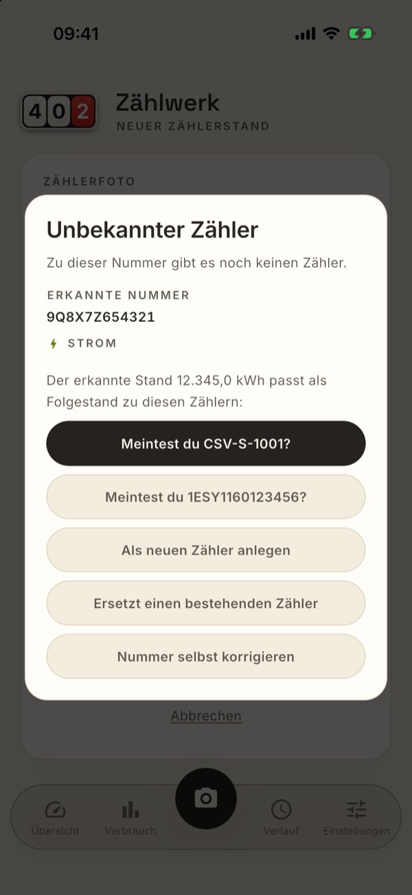 Der Dialog „Unbekannter Zähler"