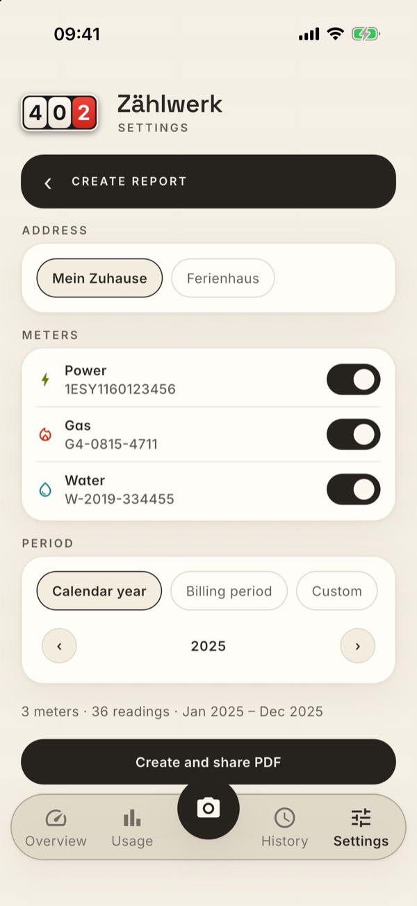 The Create report page with address, meters and period