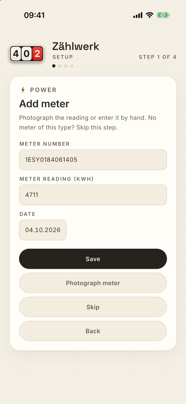 The form with meter number, meter reading and date