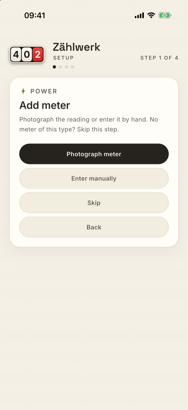 Step 1: photograph the electricity meter, enter it manually or skip