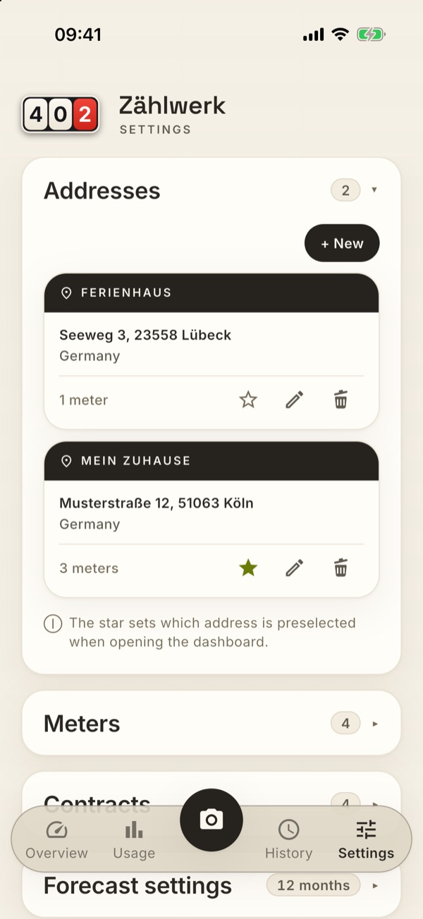 The Addresses card