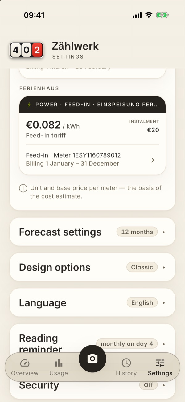 The feed-in contract in the Contracts card