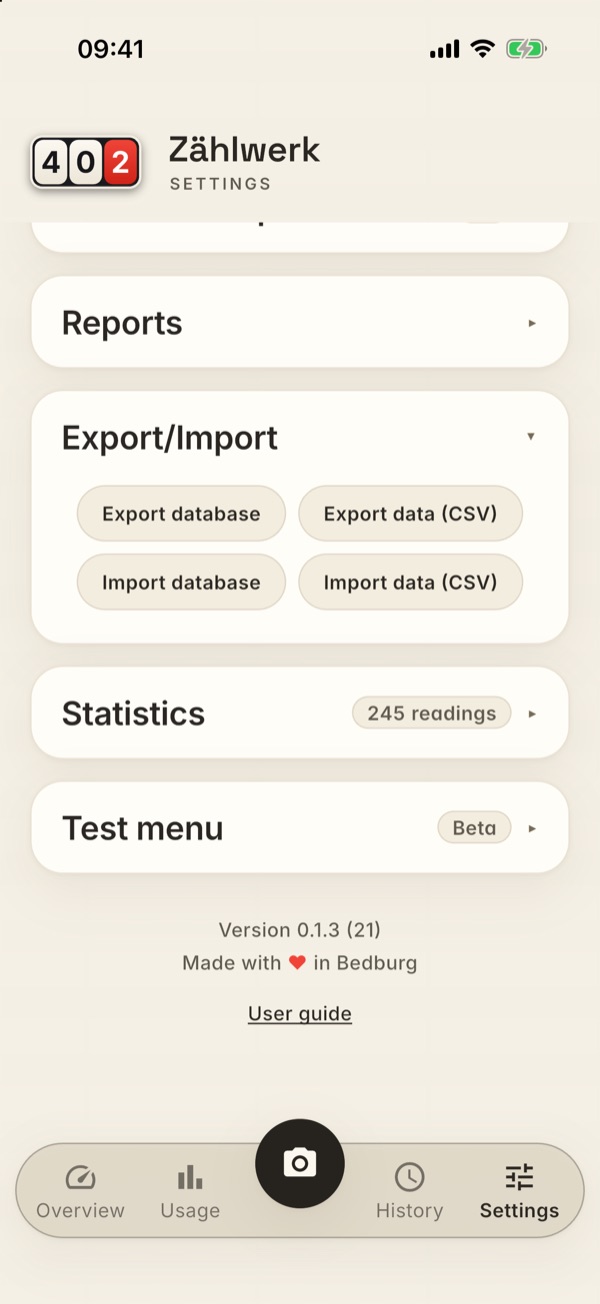 The Export/Import card with four buttons