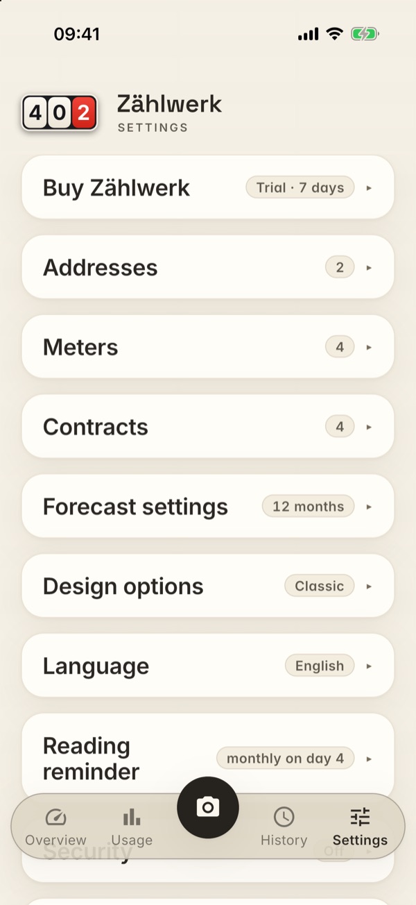 The settings as a list of collapsed cards