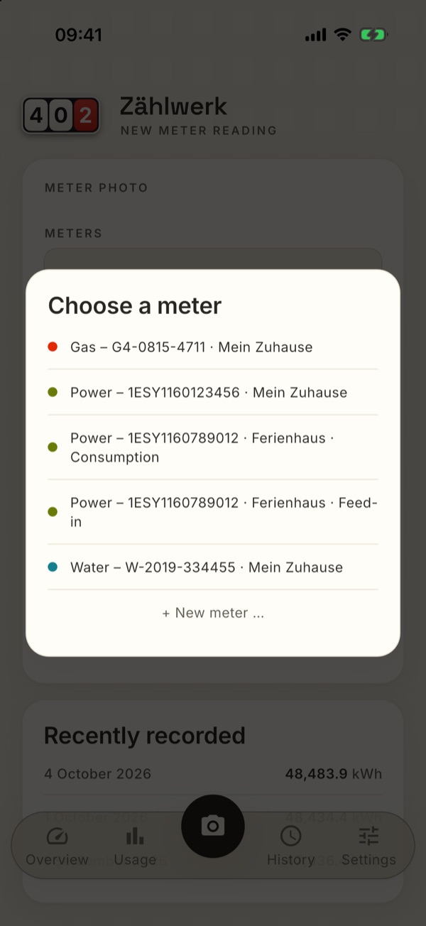 A bidirectional meter appears twice in the meter picker: consumption and feed-in