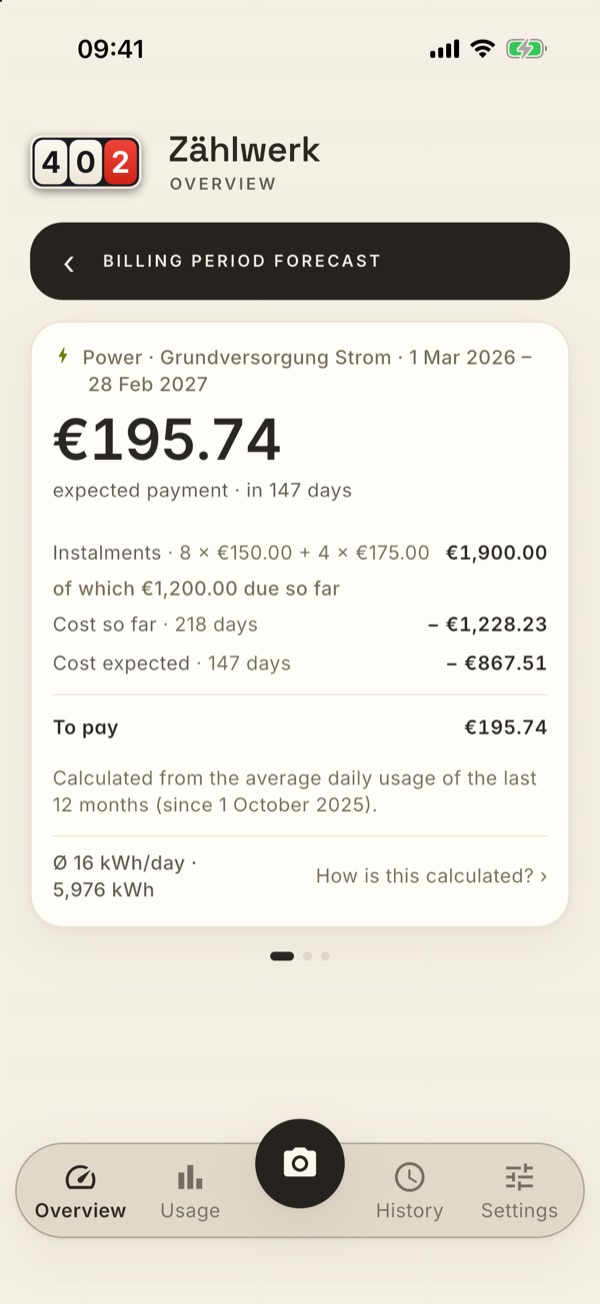 The forecast detail page with the calculation