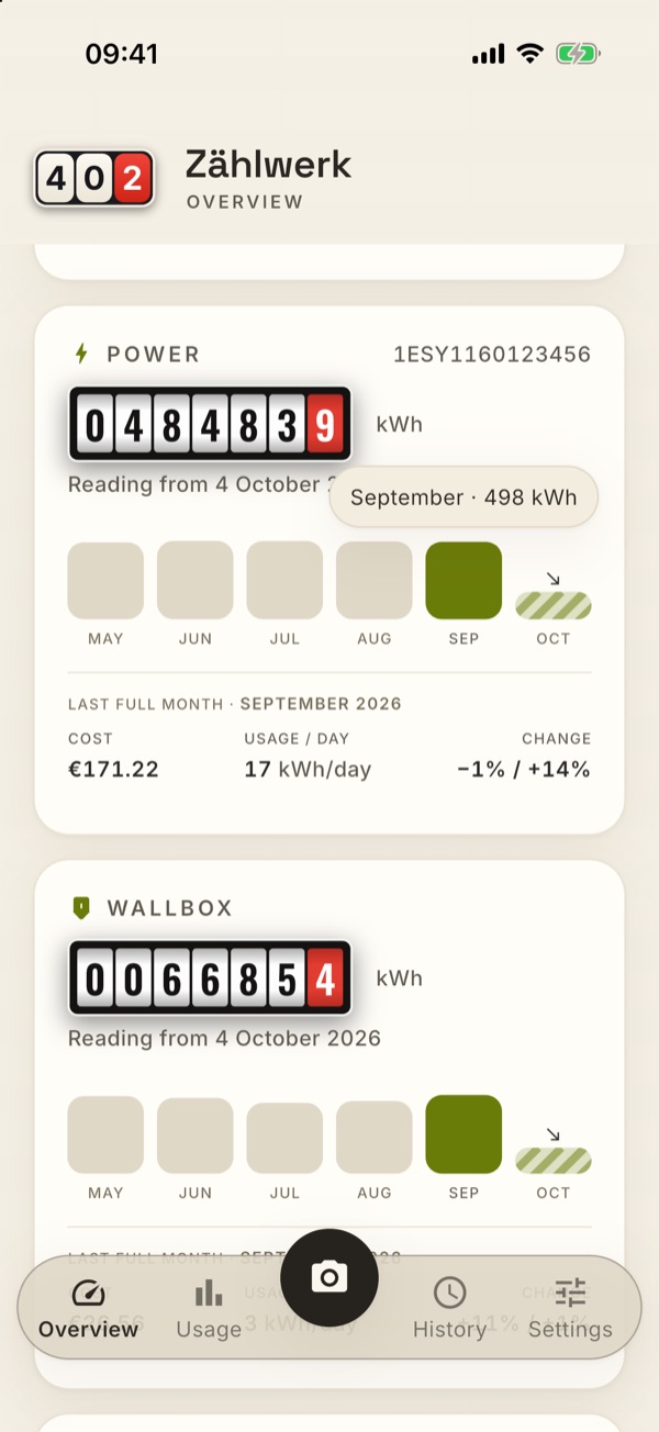 Tapping a month bar shows the month and its usage
