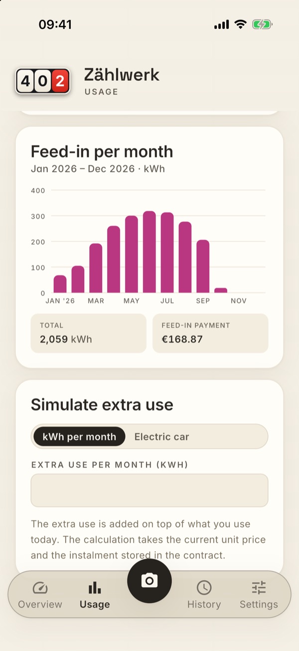 The “Feed-in per month” card in Usage