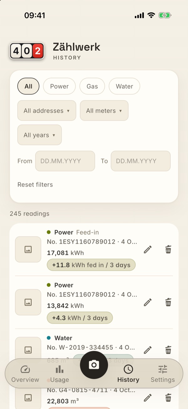 The history with filters, plus Edit and Delete on every row
