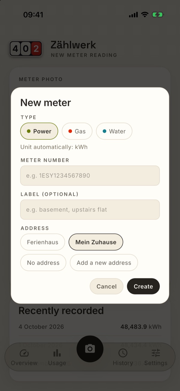 Adding a new meter: type, number, label, address