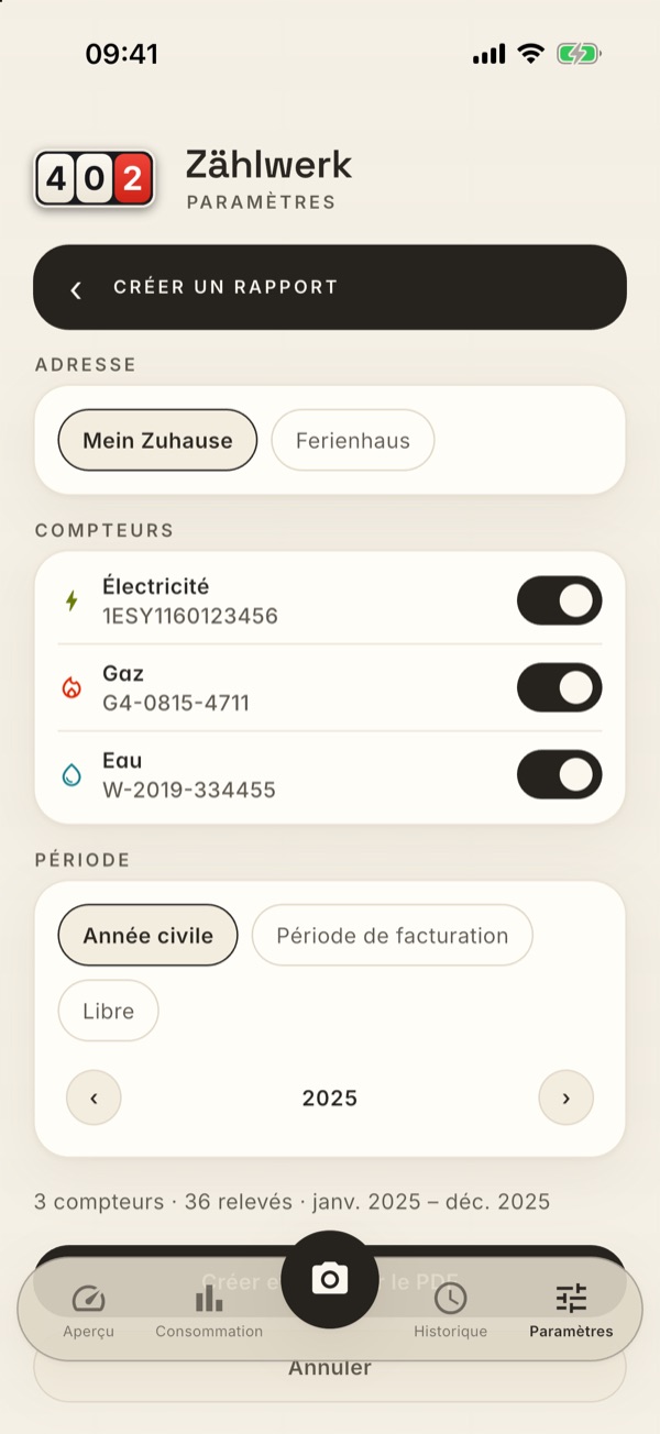 La page Créer un rapport avec adresse, compteurs et période