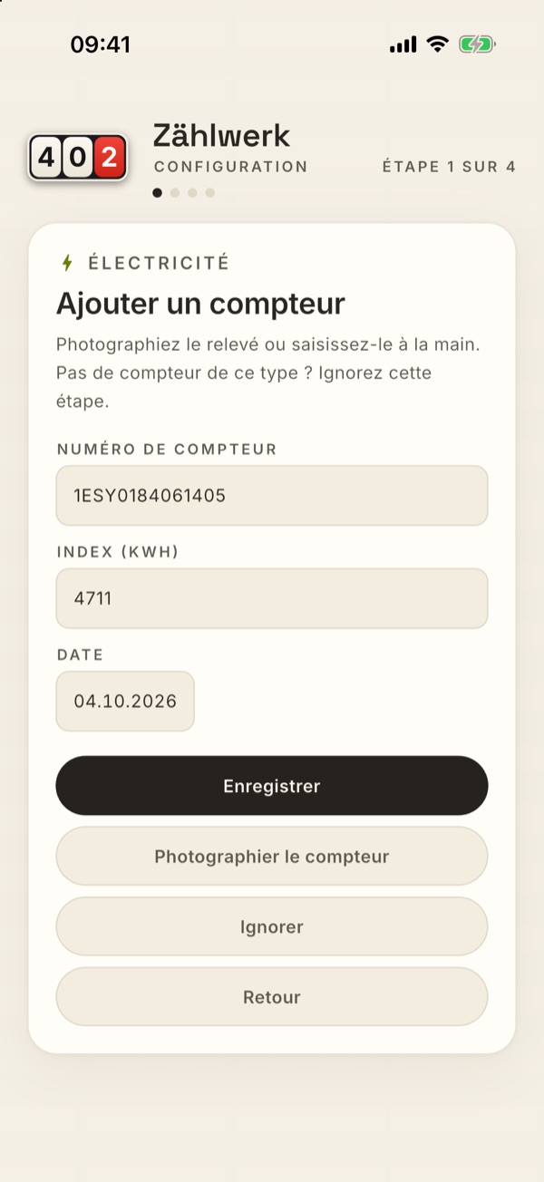 Le formulaire avec numéro de compteur, index et date
