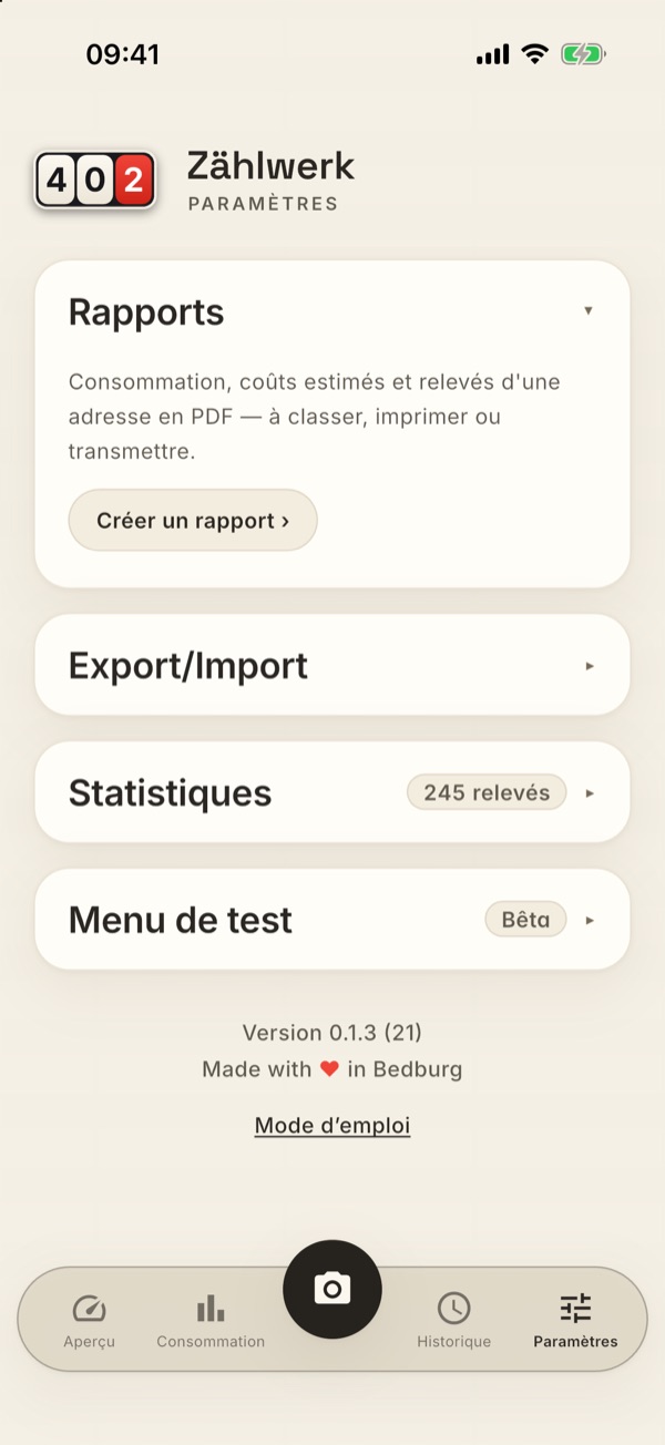 La carte Rapports dans les réglages