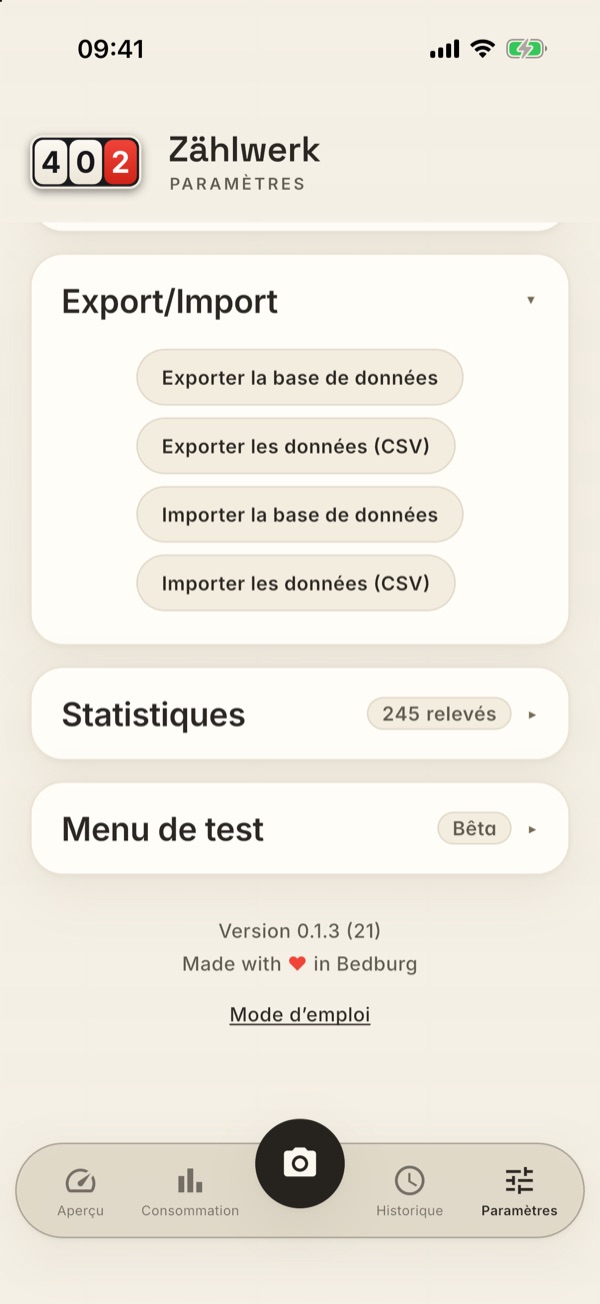 La carte Export/Import avec ses quatre boutons