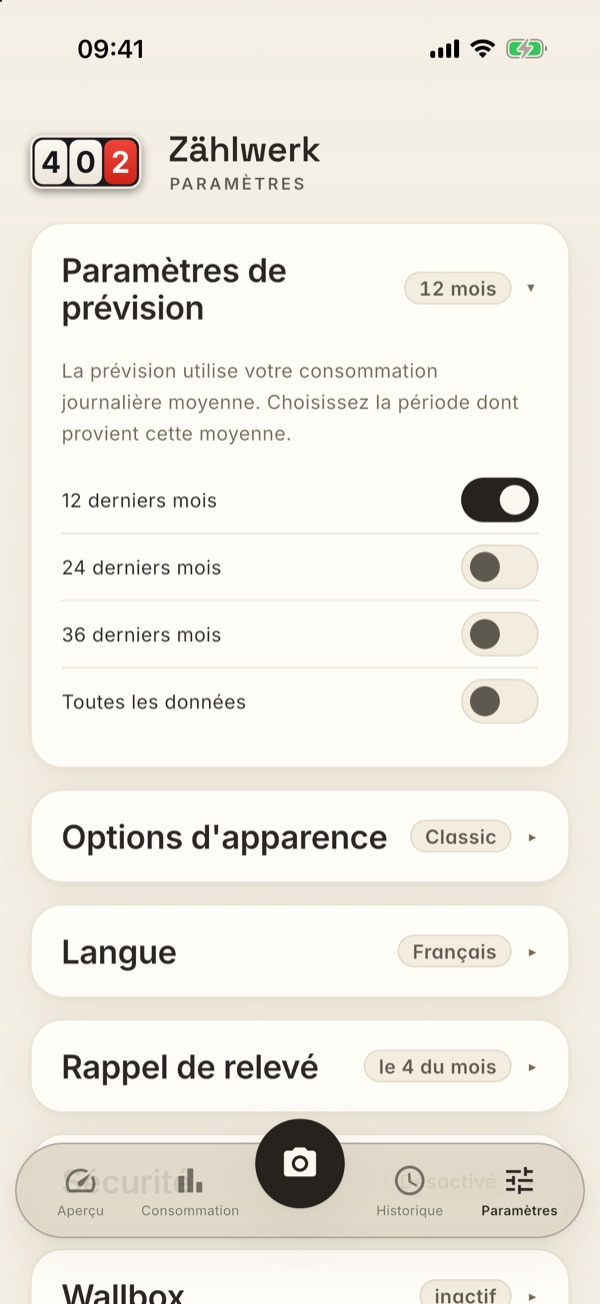 La carte Paramètres de prévision