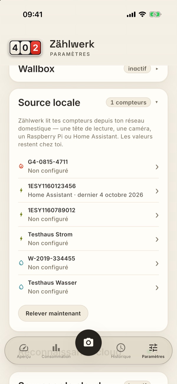La carte Source locale, avec une ligne par compteur