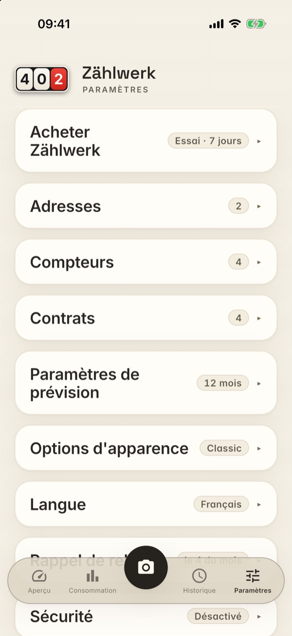 Les paramètres sous forme de liste de cartes repliées