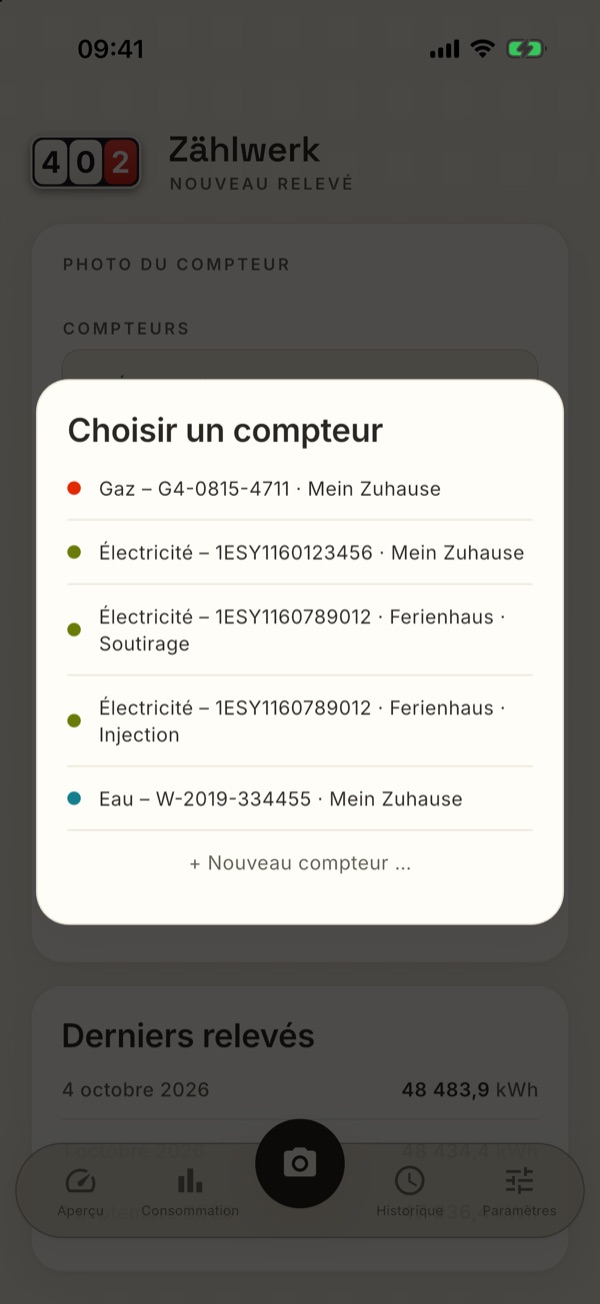 Un compteur bidirectionnel figure deux fois dans le sélecteur de compteur : soutirage et injection
