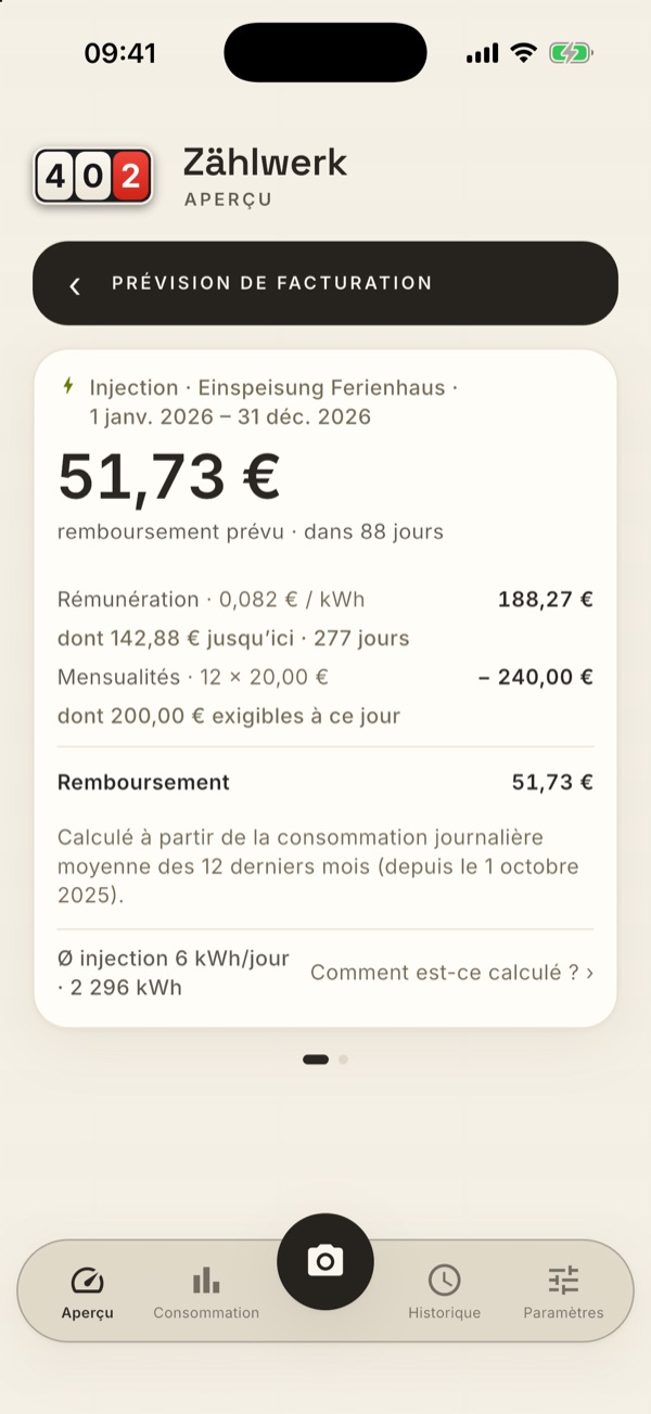 La page de détail de la prévision d'un contrat d'injection