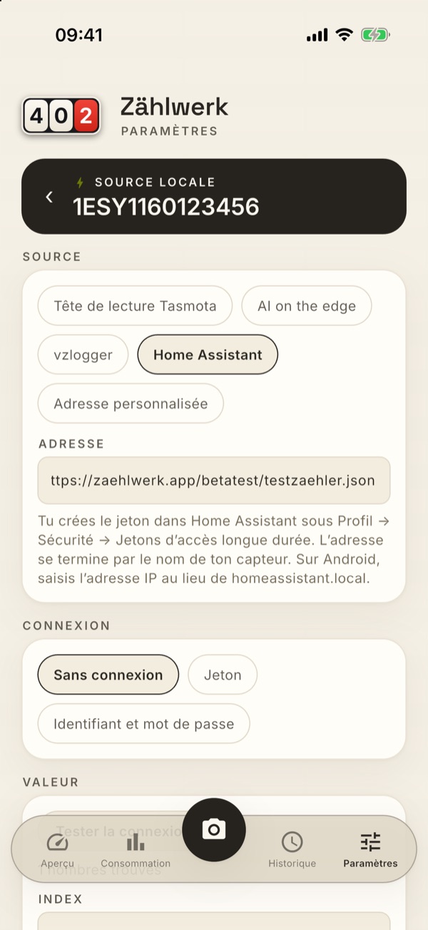 La page de configuration d’une source