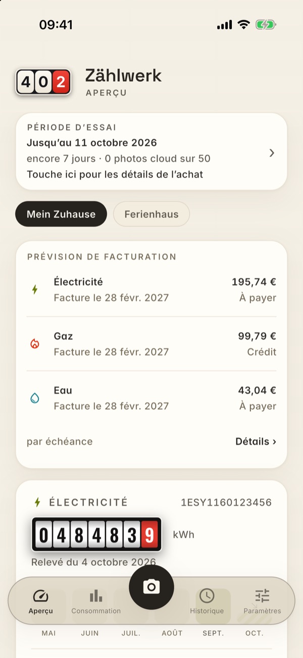 L’aperçu avec les cartes de compteurs et le dock