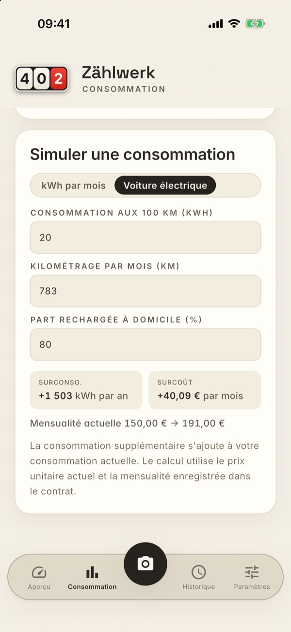 Le simulateur au bas de la page Consommation