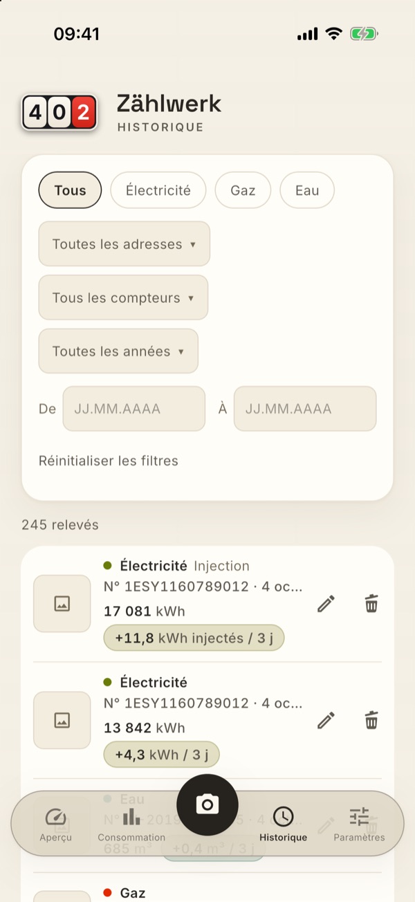 L'historique avec ses filtres et, sur chaque ligne, Modifier et Supprimer