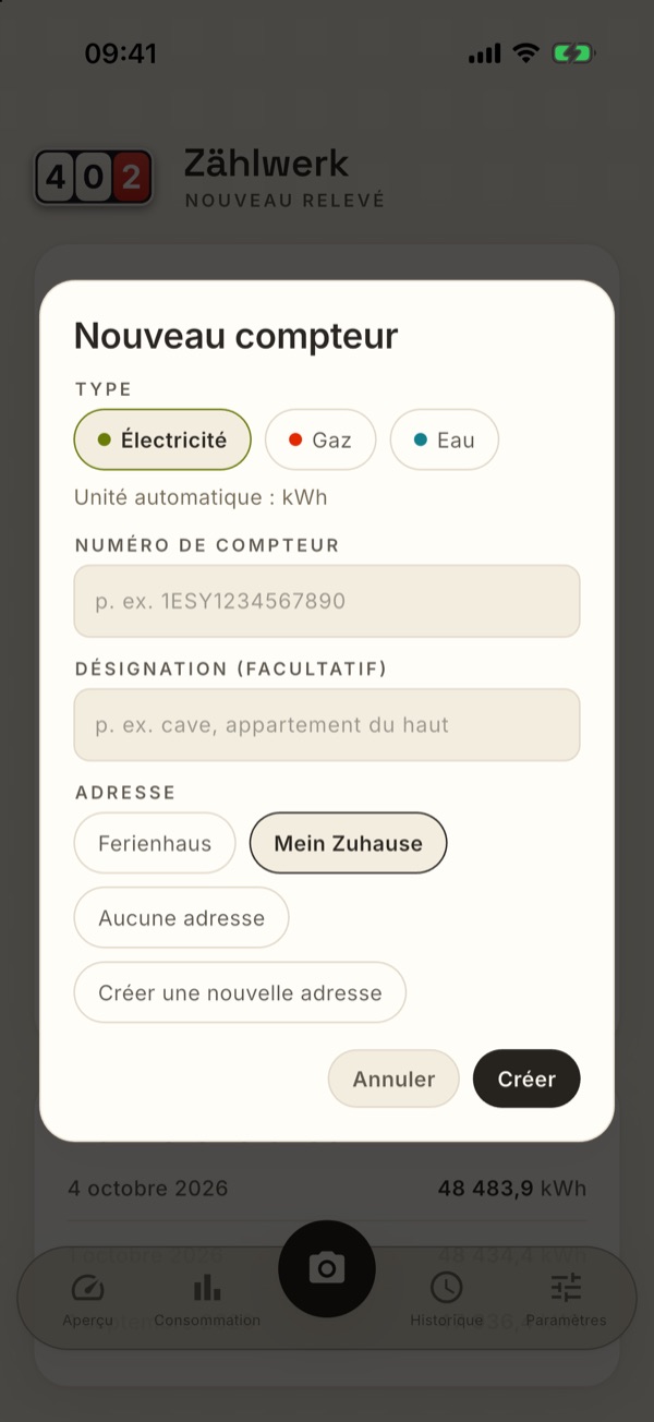 Créer un nouveau compteur : type, numéro, désignation, adresse
